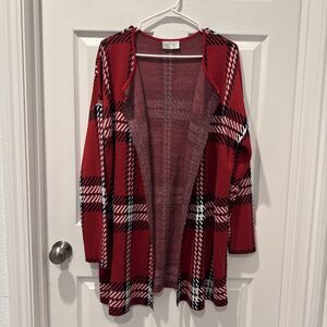 Jillian Nicole Cardigan Women’s XL Red White Black Open Knit Cozy Layer Sweater